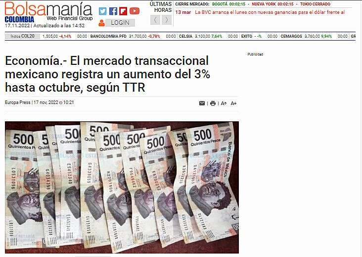 Economía.- El mercado transaccional mexicano registra un aumento del 3% hasta octubre, según TTR
